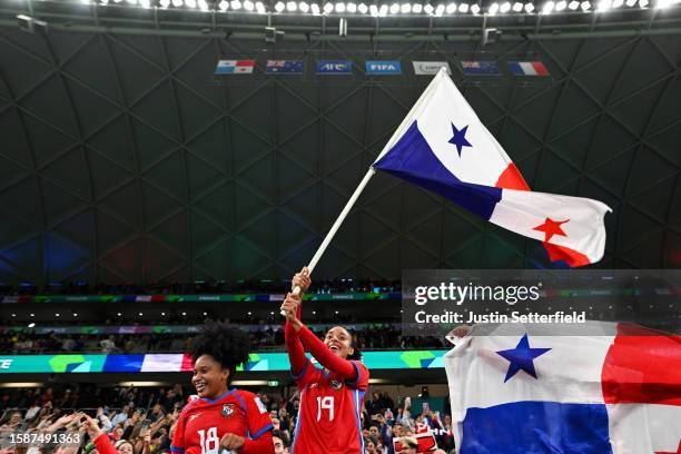 Lineth Cedeno of Panama waves a Panama flag with fans after the FIFA Women's World Cup Australia & New Zealand 2023 Group F match between Panama and...