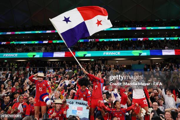 Lineth Cedeno of Panama waves a Panama flag with teammates and fans after the FIFA Women's World Cup Australia & New Zealand 2023 Group F match...