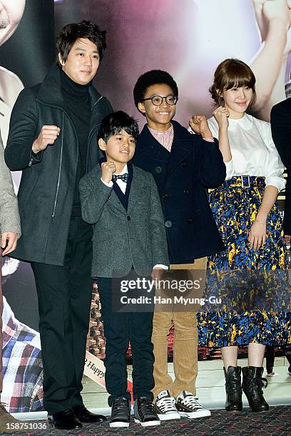 South Korean actors Kim Rae-Won, Ji Dae-Han, Hwang Yong-Yon and Cho Ahn attend the 'My Little Hero' press screening at CGV on December 27, 2012 in...