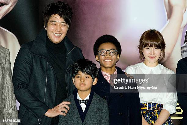 South Korean actors Kim Rae-Won, Ji Dae-Han, Hwang Yong-Yon and Cho Ahn attend the 'My Little Hero' press screening at CGV on December 27, 2012 in...