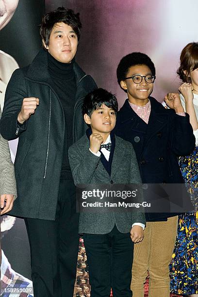 South Korean actors Kim Rae-Won, Ji Dae-Han and Hwang Yong-Yon attend the 'My Little Hero' press screening at CGV on December 27, 2012 in Seoul,...