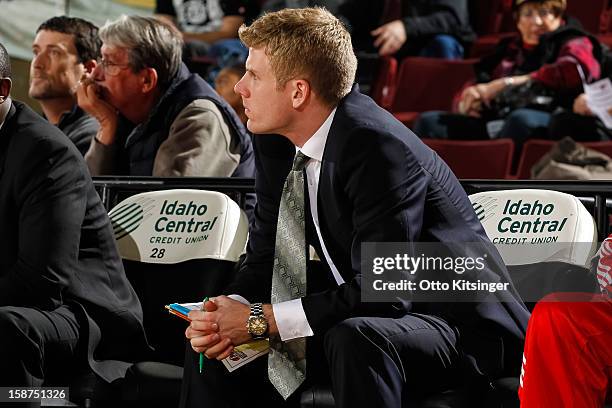 Assistant Coach J.P. Clark of the Maine Red Claws watches the action during the NBA D-League game against the Idaho Stampede on December 26, 2012 at...