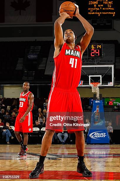 Fab Melo of the Maine Red Claws goes to the line for a free throw against the Idaho Stampede during the NBA D-League game on December 26, 2012 at...