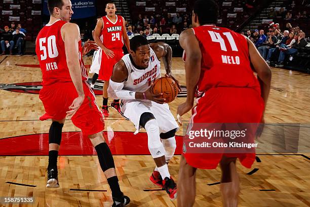 Durrell Summers of the Idaho Stampede protects the ball from the Maine Red Claws during the NBA D-League game on December 26, 2012 at CenturyLink...