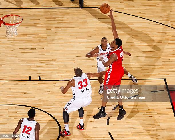 Fab Melo of the Maine Red Claws shoots against the Idaho Stampede during the NBA D-League game on December 26, 2012 at CenturyLink Arena in Boise,...