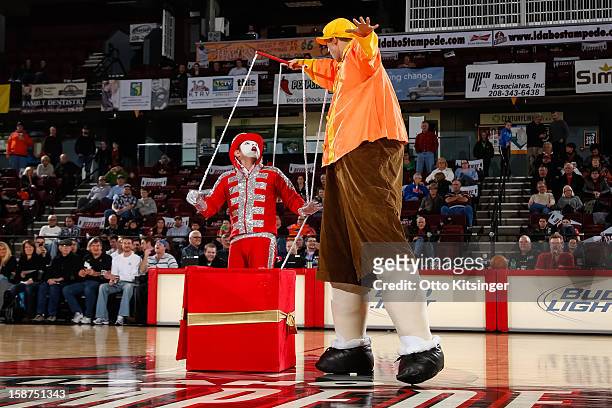 Halftime act "The Marionette" performs during the NBA D-League game between the Maine Red Claws and the Idaho Stampede on December 26, 2012 at...