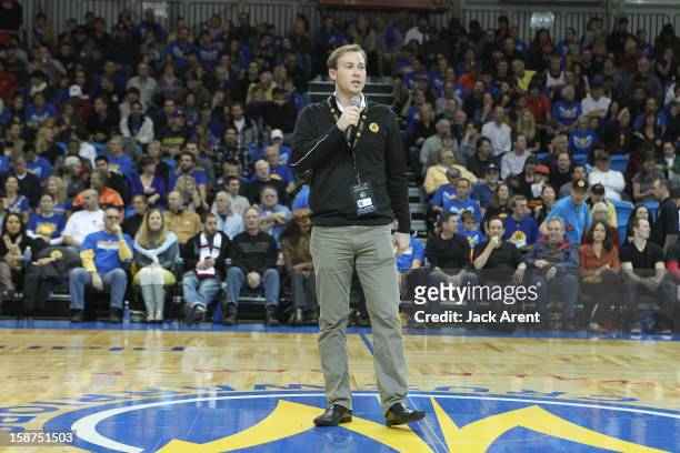 Kirk Lacob General Manager of the Santa Cruz Warriors addresses the fans prior to their game against the Bakersfield Jam on December 23, 2012 at...