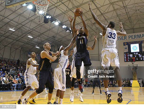 Jerel McNeal of the Bakersfield Jam shoots the ball during a game against the Santa Cruz Warriors on December 23, 2012 at Kaiser Permanente Arena in...