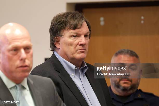 Accused Gilgo Beach killer Rex Heuermann appears before Judge Timothy P. Mazzei in Suffolk County Court in Riverhead, New York on August 1, 2023.