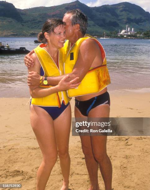 Actor Steve Kanaly and wife Brent Power attend the Kauai Lagoons Celebrity Sports Invitational - Captain Zodiac Boat Race Practice on October 6, 1988...