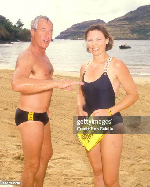 Actor Steve Kanaly and wife Brent Power attend the Kauai Lagoons Celebrity Sports Invitational - Captain Zodiac Boat Race on October 7, 1988 at...