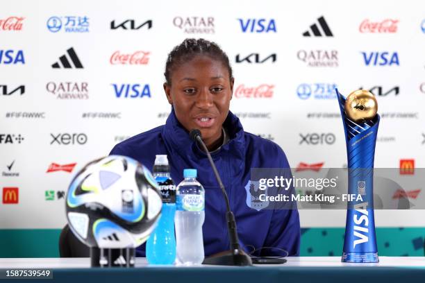 Kadidiatou Diani of France speaks to the media in the post match press conference with her VISA Player Of The Match after their team advanced to the...