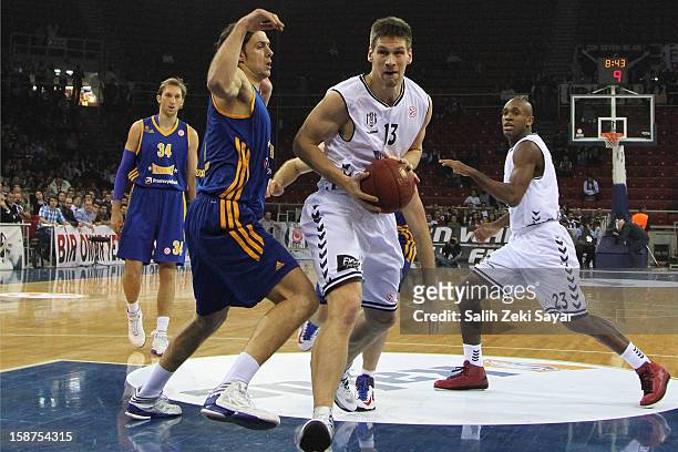 Gasper Vidmar of Besiktas JK Istanbul competes with Kresimir Loncar of BC Khimki Moscow during the 2012-2013 Turkish Airlines Euroleague Top 16 Date...