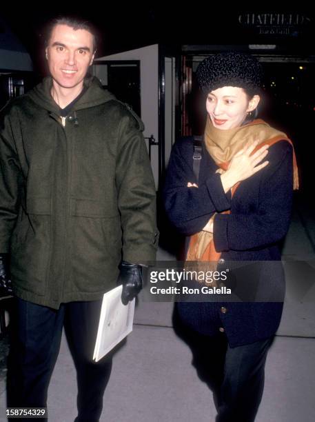 Musician David Byrne of Talking Heads and wife Adelle Lutz attend "The Dead" New York City Premiere on December 16, 1987 at City Cinemas Cinema 1 in...
