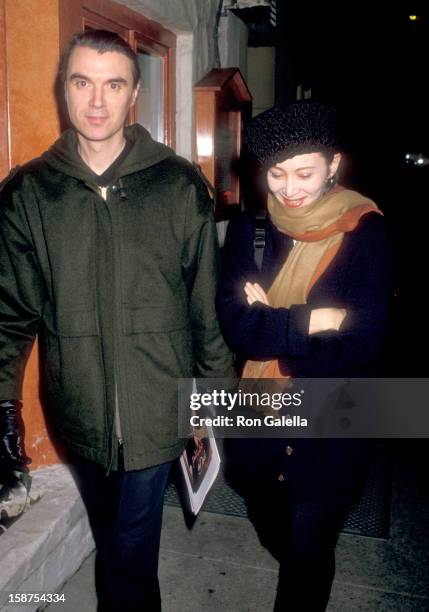 Musician David Byrne of Talking Heads and wife Adelle Lutz attend "The Dead" New York City Premiere on December 16, 1987 at City Cinemas Cinema 1 in...