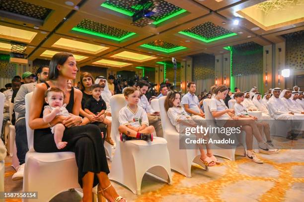 New transfer of Emirates Club, Andres Iniesta's wife Anna Ortiz and his children attend the signing ceremony in Sharjah, United Arab Emirates on...