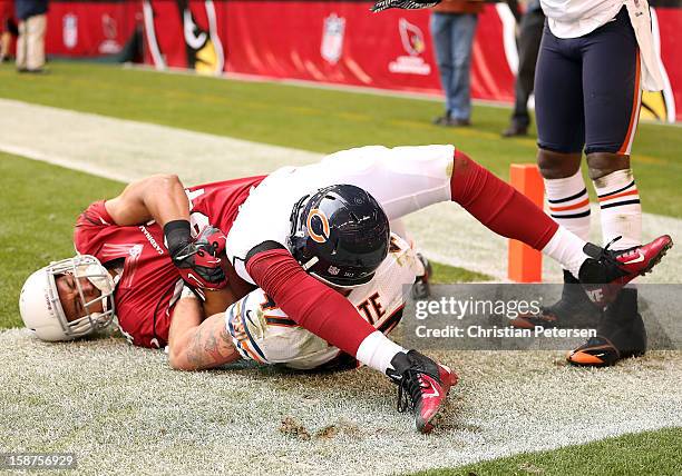 Free safety Chris Conte of the Chicago Bears and tight end Rob Housler of the Arizona Cardinals get wrapped up after an out of bounds pass during the...