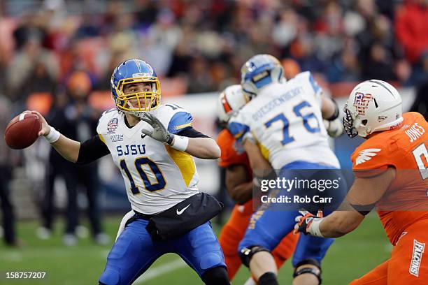 Quarterback David Fales of the San Jose State Spartans throws a pass against the Bowling Green Falcons during the first half of the Military Bowl at...