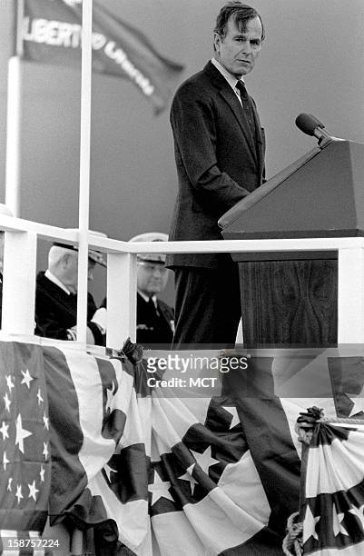 Vice President George H. W. Bush speaks at the commissioning of the nuclear-powered ballistic missile submarine USS OHIO , November 11, 1981. The...