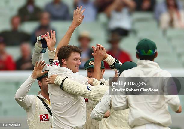 Jackson Bird of Australia celebrates taking the wicket of Thilan Samaraweera of Sri Lanka during day three of the Second Test match between Australia...