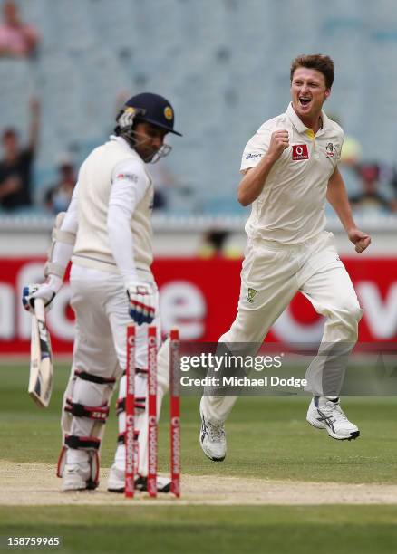 Jackson Bird of Australia celebrates his dismissal of Mahela Jayawardene of Sri Lanka during day three of the Second Test match between Australia and...