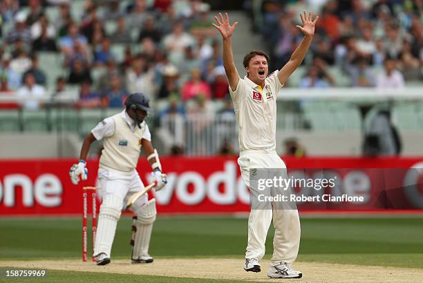 Jackson Bird of Australia takes the wicket of Thilan Samaraweera of Sri Lanka during day three of the Second Test match between Australia and Sri...