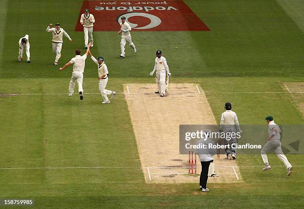 Jackson Bird of Australia celebrates taking the wicket of Thilan Samaraweera of Sri Lanka during day three of the Second Test match between Australia...