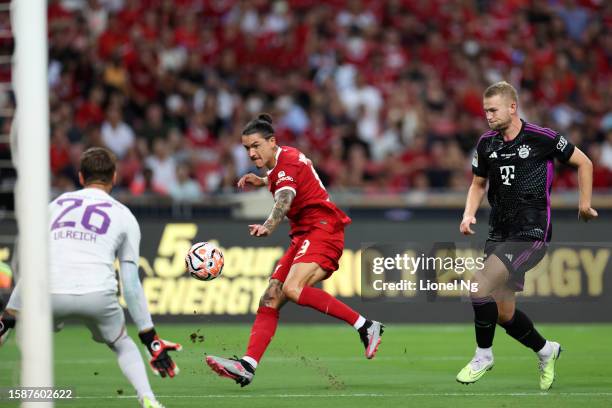 Darwin Nunez attempts a strike on goal during the pre-season friendly match between Liverpool and Bayern Muenchen at the National Stadium on August...