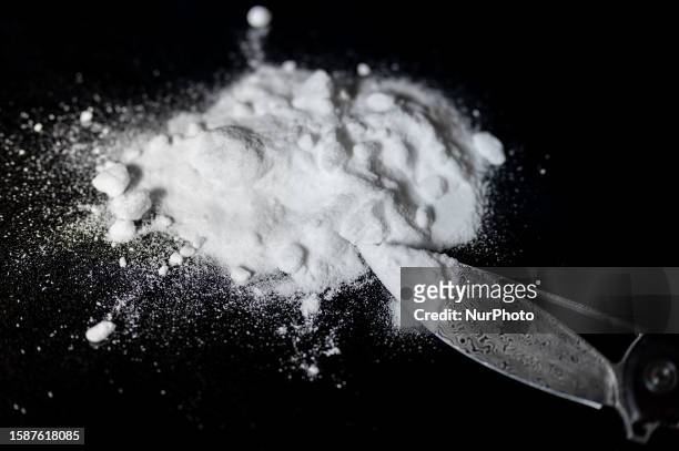 Alkaloid substance as cocaine white powder lines with Euro notes is seen in this photo illustration. On 9 August 2023 in Brussels, Belgium.