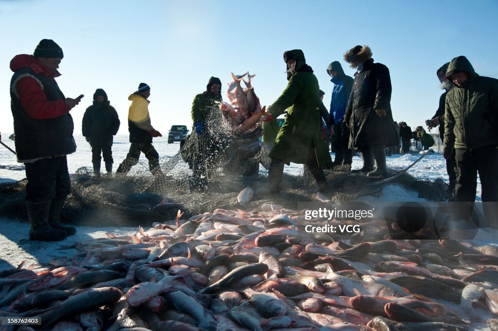 Winter Fishing On Frozen Chagan Lake