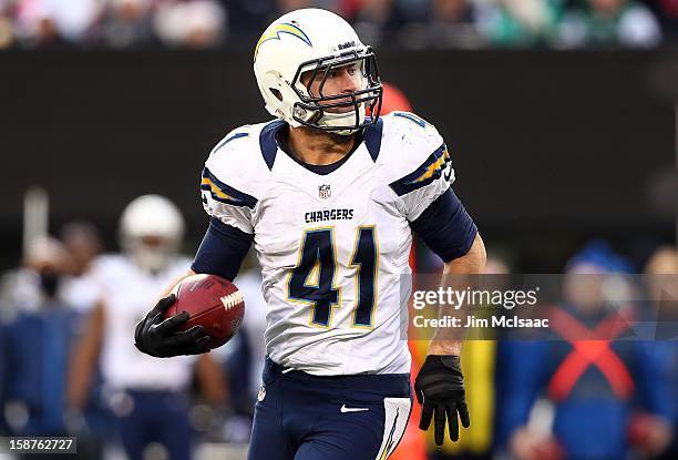 Corey Lynch of the San Diego Chargers in action against the New York Jets at MetLife Stadium on December 23, 2012 in East Rutherford, New Jersey. The...