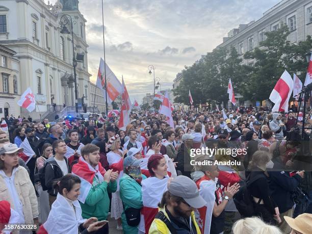 Belarusian citizens residing in Poland stage a protest on the third anniversary of the Belarus presidential elections in 2020, stating that the...