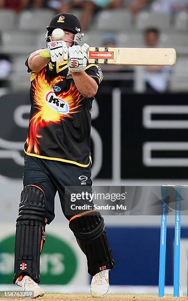 Jesse Ryder of Wellington bats during the HRV Cup Twenty20 match between the Auckland Aces and Wellington Firebirds at Eden Park on December 28, 2012...