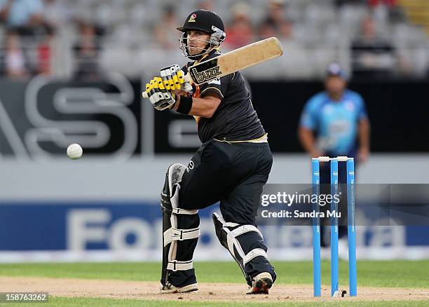 Michael Papps of Wellington bats during the HRV Cup Twenty20 match between the Auckland Aces and Wellington Firebirds at Eden Park on December 28,...