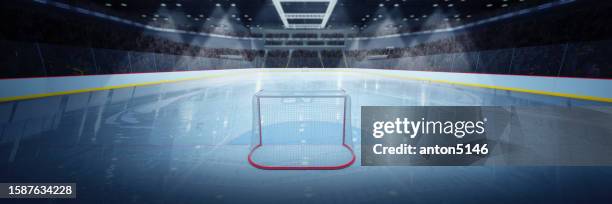 blick vom tor. 3d-rendering der hockeyarena, des schlittschuhs. - eishockey spielfeld stock-fotos und bilder