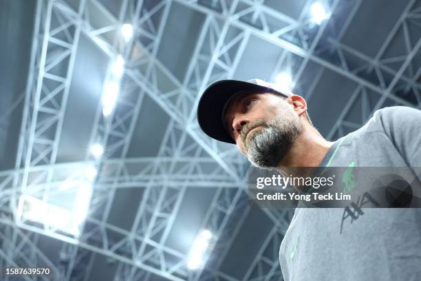 Manager Jurgen Klopp of Liverpool looks on prior to the pre-season friendly against Bayern Munich at the National Stadium on August 02, 2023 in...