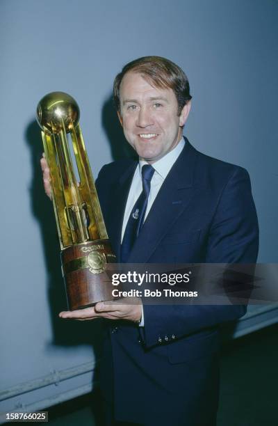 Everton manager Howard Kendall with the trophy after his team beat West Ham 3-0 at Goodison Park, Liverpool, to win the League Championship, 8th May...