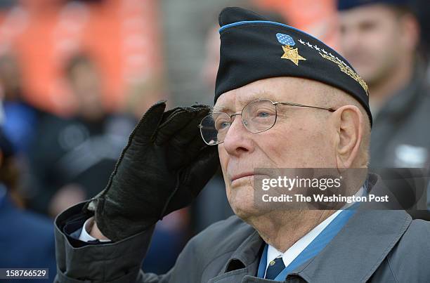 December 27: Medal of Honor Recipient Hershal "Woody" Williams, who achieved his recognition for his actions in the battle for Iwo Jima, saluts...