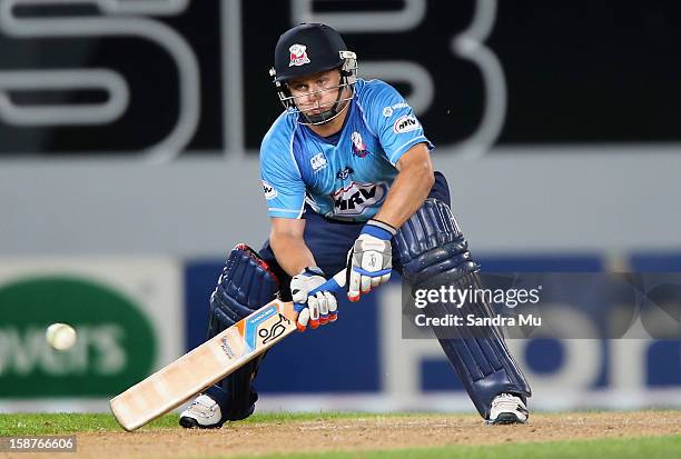 Bradley Cachopa of Auckland bats during the HRV Cup Twenty20 match between the Auckland Aces and Wellington Firebirds at Eden Park on December 28,...