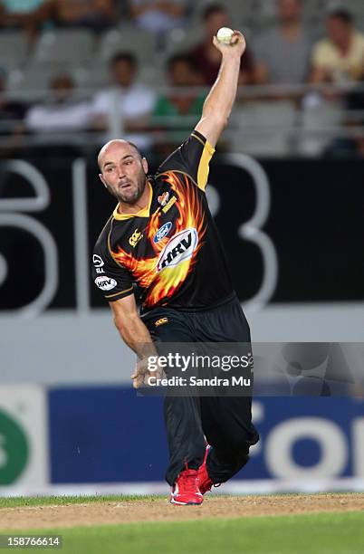 Luke Woodcock of Wellington makes a delivery during the HRV Cup Twenty20 match between the Auckland Aces and Wellington Firebirds at Eden Park on...