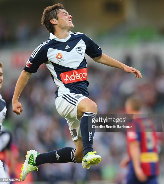 Marco Rojas of the Victory celebrates after he scored the first goal during the round 13 A-League match between the Melbourne Victory and the...