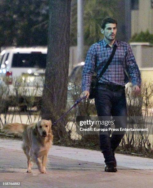 Iker Casillas is seen going for a walk with his pet dog on December 27, 2012 in Madrid, Spain.