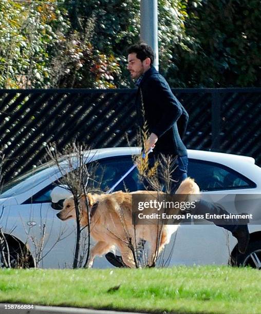 Iker Casillas is seen going for a walk with his pet dog on December 27, 2012 in Madrid, Spain.