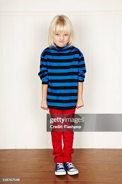 portrait of girl looking angry - 6 year old blonde girl stock pictures, royalty-free photos & images
