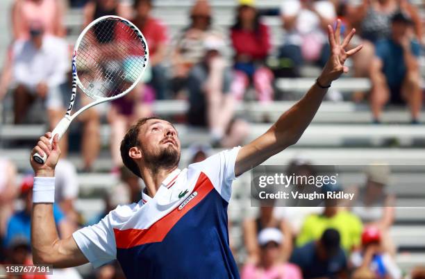 Danil Medvedev serves against Matteo Arnaldi of Italy during Day Three of the National Bank Open, part of the Hologic ATP Tour, at Sobeys Stadium on...
