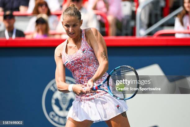 Karolina Pliskova returns the ball during a second round match at WTA National Bank Open on August 09, 2023 at IGA Stadium in Montreal, QC