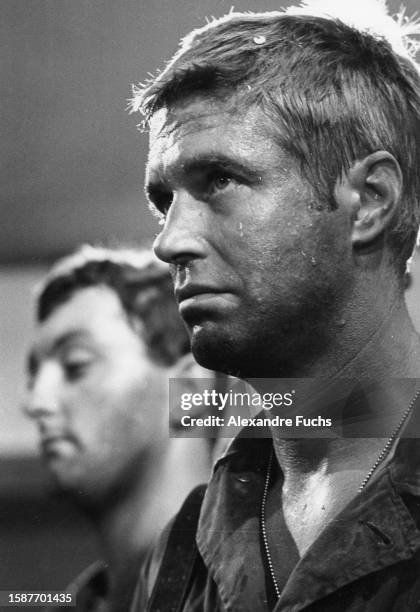 Actor George Peppard close-up while filming 'The Victors' at Italy, in 1962.