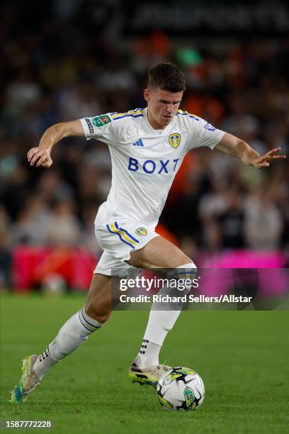 Sam Byram of Leeds United on the ball during the Carabao Cup First Round match between Leeds United and Shrewsbury Town at Elland Road on August 09,...