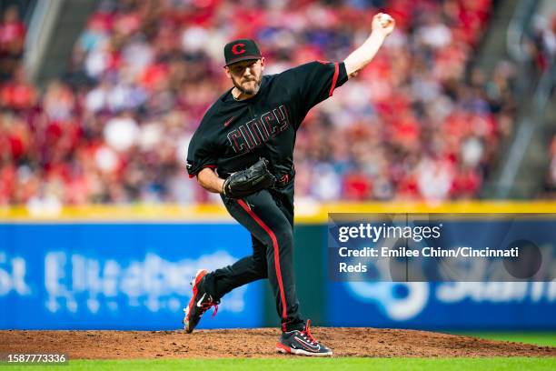 Alex Young of the Cincinnati Reds pitches during a game against the Atlanta Braves at Great American Ball Park on June 23, 2023 in Cincinnati, Ohio.