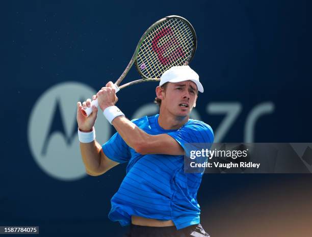 Alex De Minaur of Australia hits a shot against Gabriel Diallo of Canada during Day Three of the National Bank Open, part of the Hologic ATP Tour, at...